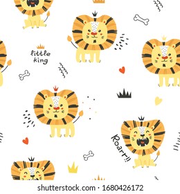 Seamless pattern with cute lions. Cartoon design for birthday invitation, poster, clothing, nursery wall art and card.