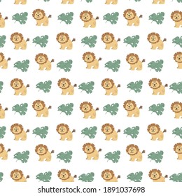 Seamless pattern with cute lions. Decorative wallpaper for the nursery in vector, suitable for children's clothing, interior design, packaging, printing.