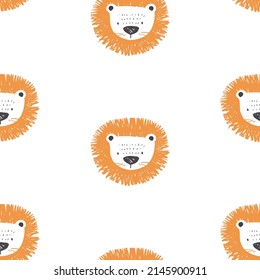Seamless pattern with cute lions. Hand drawn vector illustration.