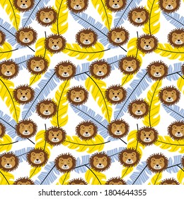 Seamless pattern with cute lions heads and banana leaves on a white background. Stock vector illustration for fabrics, bedding and baby linen, wrapping paper, wallpaper and other decor and design