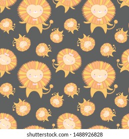 
Seamless pattern with cute lions and hearts on grey background