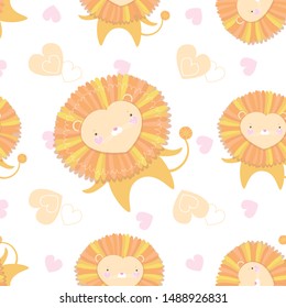 
Seamless pattern with cute lions and hearts on white background