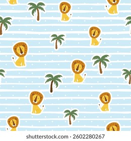 Seamless pattern with cute lions with palm tree