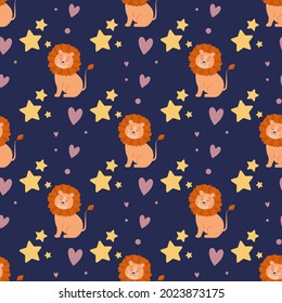 Seamless pattern with cute lions and stars, on a dark background. Print for kids design, textiles, wrapping paper and packaging.