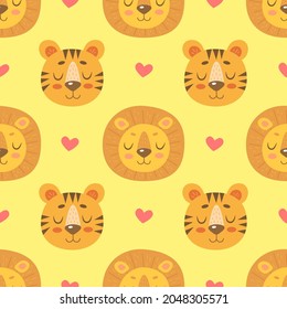 Seamless pattern with cute lions and tigers and hearts isolated on yellow background