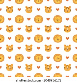 Seamless pattern with cute lions and tigers and hearts isolated on white background