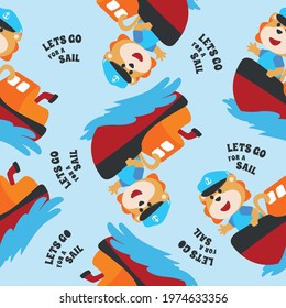 Seamless pattern with cute litlle lion the animal sailor. Cute Marine pattern for fabric, baby clothes, background, textile, wrapping paper and other decoration.