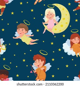 Seamless pattern with cute little angels in the night sky in cartoon flat style. Print for Valentine's Day with kids cupids