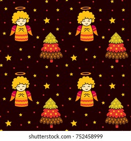 Seamless pattern with cute little angels and christmas trees on warm brown background. Vector illustration.