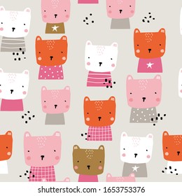 Seamless pattern with cute little animal. Childish trendy print. Vector hand drawn illustration.