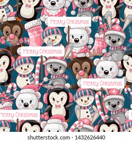Seamless pattern with cute little animals in Christmas wear. Vector. 