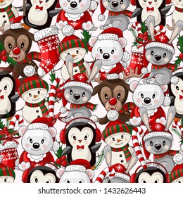 Seamless pattern with cute little animals in Christmas wear. Vector. 