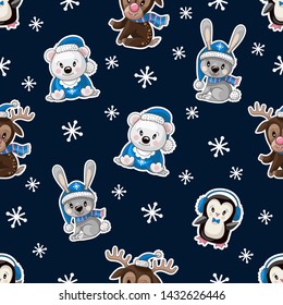 Seamless pattern with cute little animals in Christmas wear. Vector. 