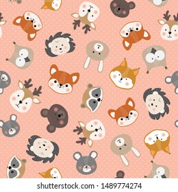 Seamless pattern cute little animals face, baby print on clothes, festive wrapper