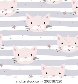 Seamless pattern with cute little baby cat. Vector print for baby shower. Printable templates
