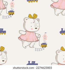 Seamless pattern with cute little baby bear play  with locomotives. Hand drawn vector illustration.