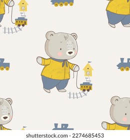 Seamless pattern with cute little baby bear play  with locomotives. Hand drawn vector illustration.