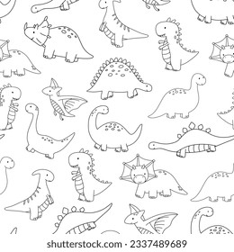 Seamless pattern with cute little baby dinosaurs. Vector outline monochrome doodle illustrations on white background for kids