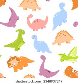 Seamless pattern with cute little baby dinosaur. Vector colorful illustrations on white background for kids