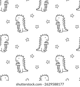 Seamless pattern with cute little baby dinosaurs and stars. Vector outline monochrome doodle illustrations on white background for kids and nursery