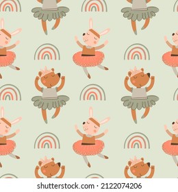 Seamless pattern with cute little ballerina on an olive background. Pale green digital paper with danced bunny and bear,  vector childish background for fabric, textile.