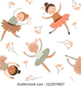 Seamless pattern with cute little ballerina on a white background. Digital paper with dark-skin kids,  vector childish background for fabric, textile.