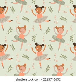 Seamless pattern with cute little ballerina on an olive background. Green digital paper with dark-skin kids,  vector childish background for fabric, textile.