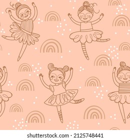 Patrón sin inconveniente con una adorable bailarina sobre un fondo rosado polvoriento. Papel digital beige con bailarina de ballet delineado y arco iris, fondo infantil vectorial para tela, textil.