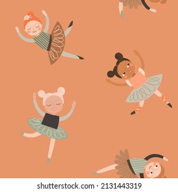 Seamless pattern with cute little ballerina on a light brown background.  Chocolate digital paper with dark-skin kids,  vector childish background for fabric, textile.