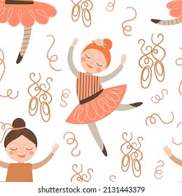 Seamless pattern with cute little ballerina on a white background. Vector childish background for fabric, textile.