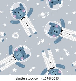 Seamless pattern - cute little bear dreams of space. Good for kids fabric, textile, nursery wallpaper. Boy.