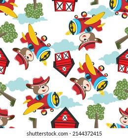 Seamless pattern of Cute little bear flying on a airplane. funny animal cartoon. Creative vector childish background for fabric textile, nursery wallpaper, poster, brochure. and other decoration.