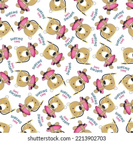 seamless pattern of cute little bear with a surfboard, Can be used for t-shirt print, Creative vector childish background for fabric textile, nursery wallpaper and other decoration.