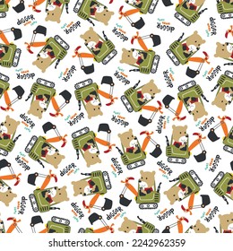Seamless pattern of Cute little bear on excavator. Can be used for t-shirt print, kids wear fashion design, print for t-shirts, baby clothes, poster. and other decoration.