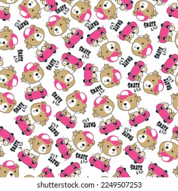 Seamless pattern with cute little bear on skate board, For fabric textile, nursery, baby clothes, background, textile, wrapping paper and other decoration.