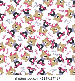 Seamless pattern with cute little bear on skate board, For fabric textile, nursery, baby clothes, background, textile, wrapping paper and other decoration.
