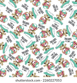 Seamless pattern of cute little bear with a surfboard, Can be used for t-shirt print, Creative vector childish background for fabric textile, nursery wallpaper and other decoration.