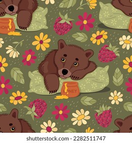 Seamless pattern: A cute little bear lying on a pillow with a pot of honey, flowers, and berries. Hand-drawn colorful flat vector illustration. 