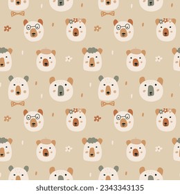 Nahtloses Muster mit süßen kleinen Bären auf pastellbraunem Hintergrund. Modernes Design für Gewebe und Papier, Oberflächenstruktur.