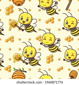 Seamless pattern of cute little bee, kawaii design, bright colors and light yellow background. Vector cartoon illustration. They are great for decoration or as part of a design.