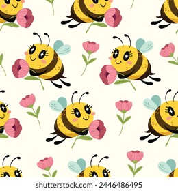Seamless pattern of cute little bee holding a pink flower. The hard-working little bee smiled brightly. Pattern for fabric and wrapping paper, Pattern for design wallpaper and fashion prints.