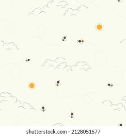 Patrón sin foco con pequeñas abejas lindas en el día del sol, diseño para productos para niños, desgaste de moda, tela, textiles, prendas de vestir o todo tipo de papel, ilustración vectorial