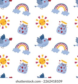 Seamless pattern with a cute little bird, rainbow, sunshine and hearts. A beautiful pattern for socks, textiles, fabrics and children's clothes