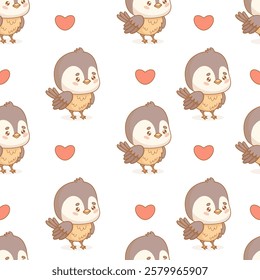 Seamless pattern. Cute little bird tit on white background with hearts. Funny cartoon kawaii character chickadee template. Vector illustration. Kids collection