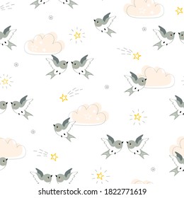 Seamless pattern of cute little birds flying in the sky with peach clouds and shiny stars