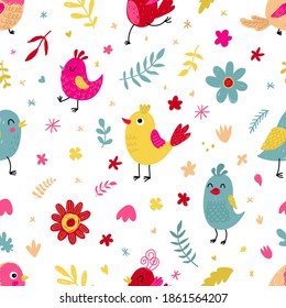 Seamless pattern with cute little birds, flowers and herbs. Nature and spring print. Vector illustration