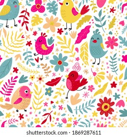 Seamless pattern with cute little birds, flowers and herbs. Nature and spring print. Vector illustration