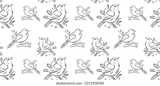 Seamless pattern with cute little birds doodle or line style on white background vector illustration