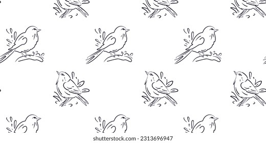 Patrón sin foco con un doodle de pájaros lindos o estilo de línea en la ilustración vectorial de fondo blanco