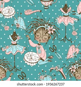 Seamless pattern with a cute little black girl needlewoman embroidering on an embroidery frame. Vector